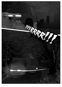 border car driving night onomatopoeia outside pavement plant sound_effects street street_lamp text tree vehicle white_border zero_pictured viola_bat absurd_res comic hi_res monochrome