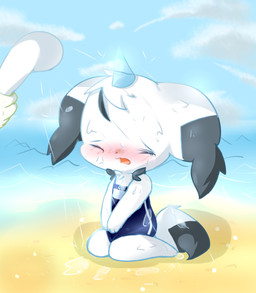 anthro bathing beach blush chibi clothing detailed_background duo faceless_character female kemono one-piece_swimsuit sand seaside showering sky solo_focus swimwear water deaic canid canine mammal 2015 absurd_res hi_res