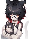 amber_eyes ambiguous_gender anthro black_body black_fur black_hair black_nose countershading cute_fangs duo eyewear fangs female feral fur glasses hair holding_character looking_at_viewer open_mouth pupils simple_background slit_pupils teeth whiskers white_background white_body white_countershading white_fur tabhead domestic_cat felid feline felis mammal 2021 absurd_res hi_res