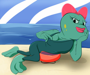 annoyed anthro beach breasts cleavage clothed clothing female lips looking_at_viewer non-mammal_breasts presenting presenting_breasts seaside solo water davidsanchan darkwing_duck disney ducktales neptunia aquatic fish 2015