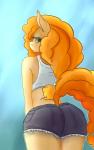 anthro bottomwear butt butt_pose clothing pose rear_view shirt shorts solo topwear huckser friendship_is_magic hasbro my_little_pony pear_butter_(mlp) earth_pony equid equine horse mammal pony absurd_res hi_res