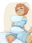 anthro bed blush brown_body brown_fur clothing eyewear fur furniture glasses male pajamas pawpads pillow solo yellow_eyes young bismuthntg cyberconnect2 fuga:_melodies_of_steel little_tail_bronx socks_million canid canine caninu canis domestic_dog mammal 3:4 hi_res