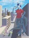 2015 anthro balloon blue_eyes blue_hair bottomless building city claws clothed clothing container cup digital_media_(artwork) digital_painting_(artwork) duncan_roo duo english_text featureless_crotch flashlight fur green_body green_fur hair hand_on_hip hi_res inflatable kangaroo macro macropod male mammal marsupial navel open_mouth outside rooth shirt sign size_difference sky smile spectrumshift text toe_claws tongue topwear white_body white_fur yellow_eyes