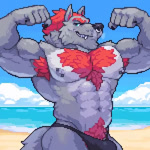 abs anthro areola armpit_hair barazoku beach biceps big_biceps big_bulge big_muscles big_pecs body_hair bouncing_bulge bouncing_pecs bulge chest_hair claws clothed clothing cloud day deltoids eyebrows facial_piercing fangs flexing flexing_bicep fur hair happy_trail huge_bulge huge_muscles looking_at_viewer male manly muscular muscular_anthro muscular_male narrowed_eyes navel nipple_piercing nipples nose_piercing nose_ring obliques one_eye_closed outside pecs piercing pose pubes ring_piercing sand serratus sky smile solo speedo standing swimwear teeth thick_arms topless topless_anthro topless_male tuft vein water wink ozuron canid canine canis mammal wolf 1:1 2024 2d_animation animated digital_media_(artwork) low_res no_sound pixel_(artwork) pixel_animation short_playtime webm