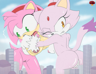 anthro areola blush bodily_fluids breasts building butt city clitoral_hood clitoris clothing duo female fur genitals gloves green_eyes hair handwear macro nipples one_eye_closed open_mouth outdoor_nudity outside pink_body plant purple_body purple_fur sky standing sweat sweatdrop tail vulva ladycherrybomba sega sonic_the_hedgehog_(series) amy_rose blaze_the_cat domestic_cat eulipotyphlan felid feline felis hedgehog mammal digital_media_(artwork) hi_res