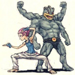 4_arms barefoot clothed clothing duo feet female gym_leader hair male multi_arm multi_limb muscular pink_hair pose red_eyes simple_background topless white_background may_dog nintendo pokemon maylene_(pokemon) generation_1_pokemon human humanoid machamp mammal pokemon_(species) 1:1 low_res