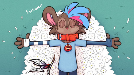 bell bell_collar bottomwear brown_body brown_fur clothing collar eyes_closed flower fur grass lying_on_ground mouse_tail on_ground onomatopoeia pants plant red_collar shirt solo sound_effects tail text topwear white_flower trevor-fox trevor-fox_(character) mammal mouse murid murine rodent 16:9 widescreen