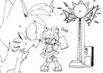 anthro bodily_fluids boots clothing dress duo eyes_closed female footwear gloves grin hammer handwear high_striker holding_object holding_tool male shocked shoes smile standing sweat text tools kohane01 sega sonic_the_hedgehog_(series) amy_rose miles_prower canid canine eulipotyphlan fox hedgehog mammal 2020 black_and_white english_text hi_res monochrome