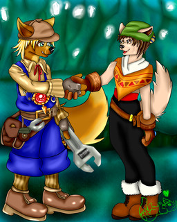 4_fingers alternate_species anthro belt belt_buckle belt_pouch bent_arm black_bottomwear black_clothing black_nose black_pants blonde_hair blue_clothing blue_eyes blue_overalls boots bottomwear brown_belt brown_body brown_boots brown_clothing brown_eyes brown_footwear brown_fur brown_gloves brown_hair brown_handwear brown_hat brown_headwear brown_shoes brown_tail buckle cave clothed clothed_anthro clothed_male clothing duo eye_contact facial_scar fingerless_gloves fingers fluffy fluffy_tail footwear fully_clothed fully_clothed_anthro fully_clothed_male fur furrification gem gesture gloves green_clothing green_hat green_headwear grey_clothing grey_fingerless_gloves grey_gloves grey_handwear hair handshake handwear hat headgear headwear heart_symbol holding_object holding_tool holding_wrench inside jewelry left-handed light logo long_tail looking_at_another male necklace open_mouth open_smile orange_shawl overalls pants red_tongue scar shawl shoes short_hair smile smiling_at_another smiling_at_each_other standing straight_arm tail tan_body tan_clothing tan_fur tan_shirt tan_socks tan_tail tan_topwear tongue tools toothy_grin topwear utility_belt wrench nikohowlii dark_chronicle dark_cloud level-5 maximilian_(dark_chronicle) toan_(dark_cloud) canid canine mammal 2012 4:5 artist_logo colored digital_drawing_(artwork) digital_media_(artwork) english_description hi_res lighting shaded