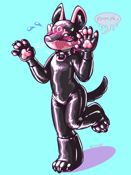 5_fingers animal_mask anthro biped black_body blue_background blush clothed clothing collar embarrassed fingers gimp hair latex male mask pawpads paws pink_hair pink_pawpads pup_mask simple_background solo speech_bubble text toysuit brevity canid canine mammal 2024 3:4 digital_media_(artwork) english_text hi_res