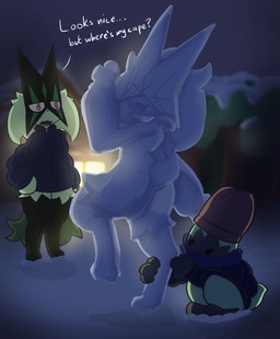 ambiguous_gender anthro breasts building clothed clothed_anthro clothing duo female fur green_body green_fur green_tail hat headgear headwear house mask plant scarf sculpture snow snow_sculpture tail text tree klydewitakay nintendo pokemon felid feline floragato generation_9_pokemon mammal meowscarada pokemon_(species) absurd_res english_text hi_res