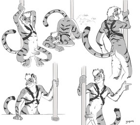 5_fingers anthro ass_up balls biped countershade_arms countershade_fur countershade_legs countershade_torso countershading dancing erection fingers fur genitals glans hair humanoid_genitalia humanoid_penis male penis pole pole_dancing smile solo striped_body striped_fur stripes tail yuguni felid mammal pantherine tiger monochrome