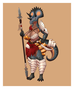 3_horns anthro armor blue_body border bottomwear breasts brown_body brown_countershading clothed clothing countershading dagger female gold_(metal) gold_armor gold_jewelry holding_melee_weapon holding_object holding_polearm holding_spear holding_weapon horn jewelry loincloth looking_up melee_weapon multi_horn non-mammal_breasts polearm simple_background solo spear tail weapon white_border arttukorppu ceratopsian ceratopsid chasmosaurine dinosaur marginocephalian ornithischian prehistoric_species reptile scalie hi_res