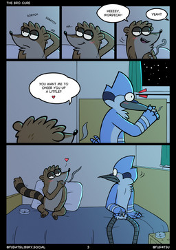 anthro ashtray bed blunt dialogue drugs duo flirting furniture male marijuana on_bed pillow smoking smoking_marijuana speech_bubble text fudatsu cartoon_network regular_show mordecai_(regular_show) rigby_(regular_show) avian bird blue_jay corvid jay_(bird) mammal new_world_jay oscine passerine procyonid raccoon 2026 comic english_text hi_res