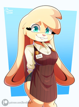 anthro apron bere_dolly black_bottomwear black_clothing black_shorts blue_eyes bottomwear brown_apron brown_clothing clothing female fur heart_nose heart_symbol long_ears shirt shorts shy solo tan_body tan_fur topwear waiter waitress_uniform white_clothing white_shirt white_topwear bere_dolly_art bere_nsfw muffin_the_bunny lagomorph leporid mammal rabbit absurd_res hi_res