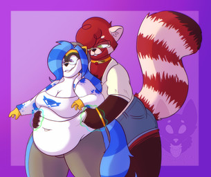 4_claws 4_fingers anthro beanie belly belly_grab big_belly big_breasts biped black_markings black_nose blue_bottomwear blue_clothing blue_eyes blue_hair blue_shorts blue_stripes blue_tail border bottomwear bracelet breasts brown_markings claws cleavage clothed clothing collar countershade_fur countershade_hands countershading curly_hair denim denim_bottomwear denim_clothing denim_shorts duo eyebrows eyewear facial_markings female female/female finger_claws fingers fluffy fluffy_tail flustered fur glasses gloves_(marking) green_eyes green_magic grey_beanie grey_clothing grey_hat grey_headwear hair hat head_markings headgear headwear heart_(marking) inner_ear_fluff jacket jewelry leg_markings lidded_eyes long_hair looking_at_another looking_at_belly looking_at_partner looking_down looking_down_at_self magic magic_user markings mask_(marking) navel pants pink_background purple_border rectangular_glasses red_body red_fur red_hair round_glasses shirt shorts simple_background smile socks_(marking) striped_body striped_fur striped_hair striped_markings striped_tail stripes tail tail_markings tan_bottomwear tan_clothing tan_pants tear_(marking) thick_thighs topwear tuft wavy_mouth weight_gain white_blouse white_body white_clothing white_countershading white_ears white_eyebrows white_inner_ear_fluff white_jacket white_shirt white_stripes white_topwear yellow_body yellow_ears yellow_fur strawberrymilkdog cherry_jubilee_(strawberrymilkdog) glowie_(doughieglowie) ailurid mammal procyonid raccoon red_panda 2022 colored hi_res shaded watermark