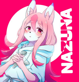 5_fingers anthro black_nose blue_clothing blush chain claws clothed clothing female female_anthro fingers fur glistening glistening_hair hair hoodie inner_ear_fluff interlocked_fingers jewelry kemono long_hair looking_at_viewer necklace open_mouth pink_background pink_body pink_eyes pink_fur pink_hair sash simple_background solo text topwear tuft white_background white_body white_fur kuro_kemo28 brand_new_animal studio_trigger nazuna_hiwatashi canid canine fox mammal 2020 digital_media_(artwork) half-length_portrait hi_res portrait