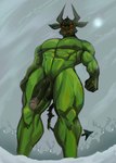 anthro atmospheric_perspective bright_colors crowd darkened_genitalia darkened_penis fog foggy_background genitals glowing glowing_eyes green_body grinning_at_viewer group half-erect looking_at_viewer looking_down low-angle_view male masculine muscular muscular_anthro penis perspective_shot shadow_face sharp_teeth snow snowing snowstorm solo spade_tail standing tail teeth winter worm's-eye_view tiburalgo nightmare_(tiburalgo) bovid caprine caprine_demon demon goat_demon humanoid mammal absurd_res hi_res