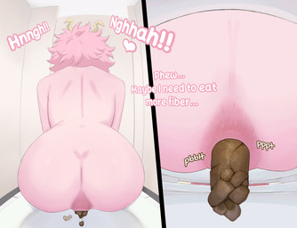 anus bathroom butt constipation dialogue feces feces_in_ass female hair horn nude nude_female pink_body pink_hair pink_skin pooping pooping_in_toilet solo text toilet toilet_pov toilet_use unknown_artist my_hero_academia ashido_mina humanoid quirked_human_(my_hero_academia) absurd_res comic english_text hi_res