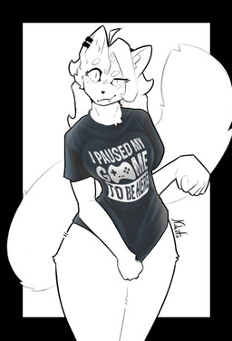 anthro blush bottomless clothed clothing covering covering_crotch covering_self ear_piercing eyebrows female fur gamer_girl gaming looking_at_viewer partially_clothed piercing playing_video_game raised_eyebrow sharp_teeth shirt simple_background solo teeth text thick_thighs topwear white_background white_body white_fur nukefu ambiguous_species canid canine fox mammal absurd_res black_and_white english_text hi_res monochrome
