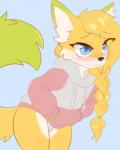 accessory anthro blush bottomless bulge clothed clothing crossdressing femboy fluffy fluffy_tail hair hair_accessory hair_tie hand_in_pocket hands_in_both_pockets hoodie leaning leaning_forward long_tail looking_forward male pockets ponytail solo tail topwear underwear wavy_mouth young young_anthro aoizuri rickhol rick_the_gamefox_(rickhol) canid canine fox mammal 4:5 hi_res