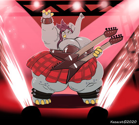 belt_accessory belt_anklet big_breasts bottomwear bracelet breasts cleavage clothed clothing concert double-neck_guitar electric_guitar female guitar jewelry musical_instrument overweight overweight_female pattern_bottomwear pattern_clothing pattern_skirt plaid plaid_bottomwear plaid_clothing plaid_skirt plucked_string_instrument skirt solo spiked_bracelet spikes string_instrument thick_thighs wide_hips kazecat elephant elephantid mammal proboscidean