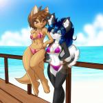 3_toes anthro barefoot beach bikini breasts clothed clothing cloud duo feet female hair pier sea seaside sitting sky smile standing swimwear toes two-piece_swimsuit water nekonny elexis_(mramp) michelle_gregourii mrs._amp_(mramp) canid canine canis domestic_dog mammal mustelid musteline true_musteline weasel 1:1 hi_res