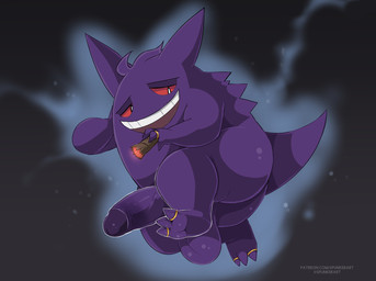 anthro balls big_penis butt cigar digit_ring feet genitals humanoid_genitalia humanoid_penis jewelry male narrowed_eyes open_mouth overweight overweight_male penis red_eyes ring ring_(jewelry) simple_background smile smoking smoking_cigar solo tail text toe_ring toes spunker nintendo pokemon generation_1_pokemon gengar mammal pokemon_(species) 2023 artist_name colored digital_drawing_(artwork) digital_media_(artwork) hi_res url
