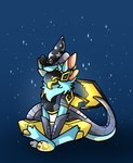 anthro blep clothing fur hat headgear headwear machine male sitting smile solo tail tongue tongue_out awierdgoldfish festive_winter protogen