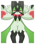 :3 ambiguous_gender anthro biped border featureless_crotch front_view fur green_body green_fur half-closed_eyes head_tuft kemono leg_tuft looking_at_viewer multicolored_body multicolored_fur narrowed_eyes navel nude open_:3 open_mouth open_smile pawpads paws pink_nose pink_pawpads pink_tongue pupils reaching_towards_viewer red_eyes simple_background smile solo standing thigh_gap tongue tuft two_tone_body two_tone_fur white_background white_border lok_cat nintendo pokemon felid feline generation_9_pokemon mammal meowscarada pokemon_(species) 2023 4:5 colored digital_media_(artwork) hi_res portrait shaded three-quarter_portrait