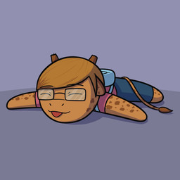 anthro backpack blep blonde_hair blue_bottomwear blue_clothing blue_pants bottomwear chibi clothing eyes_closed eyewear fur glasses hair long_tail lying male markings pants pink_clothing pink_shirt pink_topwear purple_background shirt simple_background smile solo spots spotted_body spotted_fur spotted_markings spotted_tail spread_arms tail tail_markings tongue tongue_out topwear yellow_body yellow_fur orbitalis giraffe_(character) giraffe giraffid mammal 1:1 absurd_res hi_res
