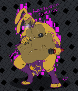 abdominal_bulge anthro anthro_pred belly big_belly big_bulge black_nose blush bodily_fluids bow_tie bulge clothing detailed_bulge dialogue drooling electronics fur genital_outline hand_on_belly huge_belly male male/male male_pred male_prey microphone nipples oral_vore pecs penis_outline pink_eyes rumbling_stomach saliva same_size_vore shake_lines struggling struggling_prey text thong tongue tongue_out underwear vore yellow_body yellow_fur rxq five_nights_at_freddy's five_nights_at_freddy's_3 scottgames springtrap_(fnaf) lagomorph leporid mammal rabbit english_text hi_res