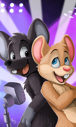 anthro black_body black_fur black_nose blue_eyes cheek_tuft chest_tuft duo electronics eyelashes facial_tuft female female_anthro fur glistening glistening_eyes gloves_(marking) grey_eyes head_tuft logo male male_anthro markings microphone nude open_mouth open_smile orange_body orange_fur pink_nose red_tongue smile tan_body tan_fur tongue tuft whiskers pandapaco mammal mouse murid murine rodent artist_logo hi_res signature