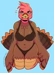 anthro beak big_breasts biped bra breasts cleavage clothed clothing feathered_wings feathers female kneeling looking_up non-mammal_breasts skimpy slightly_chubby solo thick_thighs underwear wide_hips wings sin_bruh avian bird galliform phasianid turkey digital_media_(artwork) hi_res watermark