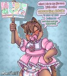 abdl ageplay anthro blue_nose blush brown_body brown_fur brown_hair clean_diaper clothed clothing collar diaper diaper_fetish fur green_eyes hair horn infantilism lanyard latex latex_clothing looking_at_viewer male object_in_mouth one_eye_closed pacifier pacifier_in_mouth pink_clothing pink_diaper roleplay rubber_clothing sign simple_background smile solo tail text topwear wearing_diaper wink charry charan_flametail canid canine canis demon hybrid mammal wolf absurd_res hi_res nonbinary_(lore)