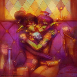 bone claws cuddling duo ear_piercing eyes_closed female female/female hair hair_bun hug piercing pointy_ears skull skull_head smile yellow_eyes yellow_sclera kadalsaurus nezzah_(the7thprimarch) goblin humanoid 1:1