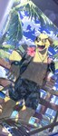 abs aloha_shirt anthro clock clothing cloud eyewear fence fur jewelry looking_at_viewer male muscular muscular_anthro muscular_male navel necklace palm_tree pattern_clothing pattern_shirt pattern_topwear pecs plant shirt smile solo sunglasses topwear tree vacation watch yellow_body yellow_fur n_na7 lifewonders tokyo_afterschool_summoners nobumichi_(tas) canid canine canis domestic_dog mammal absurd_res hi_res