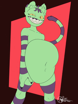 ambiguous_gender anthro big_teeth claws digestion fur green_body green_fur grin gums hip_sway looking_at_viewer navel nude null pubes rapid_digestion sharp_teeth skinny smile solo striped_body striped_fur stripes teeth vore yellow_eyes furiquarter thorn-toast_(furiquarter) cheshire_cat_(species) domestic_cat felid feline felis mammal 2d_animation 3:4 animated frame_by_frame female_(lore) nonbinary_(lore)