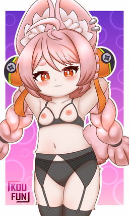 black_bra black_clothing black_panties black_underwear bra braided_hair breasts clothing cupless_bra female fishnet_clothing fishnet_legwear footwear garter_belt garter_belt_socks garter_straps hair hands_behind_head legwear looking_at_viewer navel nipples panties pigtails small_breasts socks solo twin_braids underwear koufun mihoyo zenless_zone_zero zhao lagomorph mammal thiren absurd_res hi_res