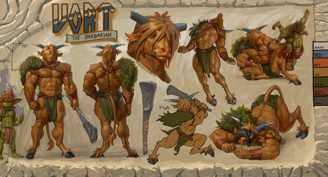 anthro barbarian bottomwear brown_body brown_fur clothing club_(weapon) fur hair hair_over_eye hair_over_eyes loincloth male melee_weapon muscular muscular_anthro muscular_male sitting size_difference smile solo_focus weapon jerome_jacinto raka_(jerome_jacinto) vort_(jerome_jacinto) bovid bovine goblin humanoid mammal 2025 digital_media_(artwork) digital_painting_(artwork) hi_res model_sheet painting_(artwork)
