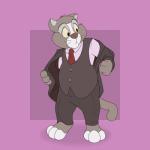 barefoot clothing coat dress_shirt feet male necktie overweight overweight_male purple_background shirt simple_background slacks solo suit topwear undressing vest yellow_sclera neenya douglas_benson domestic_cat felid feline felis mammal 1:1 hi_res