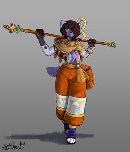 bottomwear clothing femboy male melee_weapon oversized_bottomwear oversized_clothing oversized_pants pants polearm spear weapon bear213 nintendo pokemon generation_8_pokemon pokemon_(species) sneasler digital_media_(artwork) hi_res