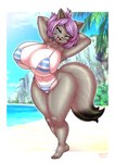 anthro barefoot big_breasts big_butt bikini black_body black_fur breasts butt clothing feet female fur grey_body grey_fur hair huge_breasts purple_hair solo swimwear teal_eyes thick_thighs two-piece_swimsuit white_body white_fur michiyoshi jules_"pursuit"_argyle canid canine canis mammal wolf 2024 absurd_res hi_res