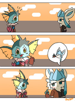 4_fingers anthro anthrofied armor armwear black_clothing black_gloves black_handwear black_nose black_shirt black_topwear blue_body blue_ears blue_eyes blue_fur blue_inner_ear brown_clothing brown_gloves brown_handwear claw_marks clothed clothing cloud duo elbow_gloves eyelashes facial_scar female fingerless_gloves fingers fully_clothed fur gesture gloves green_eyes hand_gesture handwear looking_at_another male middle_finger narrowed_eyes neck_tuft open_mouth pokemorph scar shirt sky speech_bubble teeth topwear tuft waving xammyxx nintendo pokemon fan_character eeveelution generation_1_pokemon generation_4_pokemon glaceon pokemon_(species) vaporeon 2025 3:4 comic digital_media_(artwork) hi_res ibispaint_(artwork) sequence shaded signature watermark