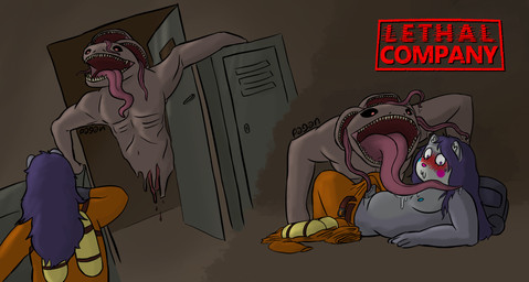 air_tank ambiguous_gender anthro belt_buckle black_mask black_sclera blue_blush blue_nipples blush blush_lines bodily_fluids buckle clothed clothing clothing_aside defensive_stance dim_lighting dimly_lit door doorway dripping duo erection erection_under_clothing fear_boner fur gas_mask glowing glowing_eyes gore gore_focus grey_body grey_fur hair hazmat_suit intimidation large_tongue leaking_blood legless locker long_hair long_tongue looking_at_another looking_down looming_over low_light low_lighting male mask multi_mouth nervous nervous_sweat nipples partially_clothed pink_blush pink_nose pinned pinned_to_ground purple_eyes purple_hair questionable_consent red_blush saliva saliva_drip saliva_on_tongue sharp_teeth small_teeth sweat teeth tentacle_tongue tentacles teratophilia text tongue tongue_pulling_pants tongue_wrap torn_flesh unbelted pathetic_pagan lethal_company paghan mammal mustelid polecat_(mustelid) thumper_(lethal_company) hi_res multiple_scenes