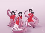 2022 after_transformation anthro barefoot black_hair breasts clothed clothing digital_media_(artwork) digitigrade dress feet female green_eyes group hair open_mouth pink_body pink_scales red_clothing red_dress scales scalie sepisnake simple_background sitting smile tail trio