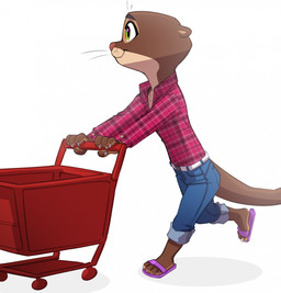 anthro belt bottomwear brown_body brown_fur clothing denim denim_bottomwear denim_clothing female footwear fur jeans long_tail pants pink_clothing pink_nose pink_shirt pink_topwear sandals shirt shoes shopping shopping_cart simple_background solo tail topwear whiskers white_belt siroc disney zootopia mrs._otterton lontra mammal mustelid north_american_river_otter otter river_otter hi_res