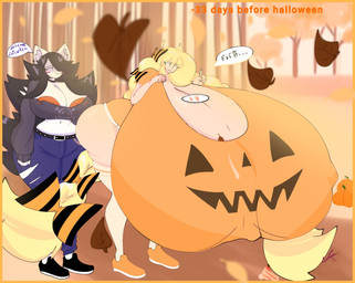 :3 anthro autumn autumn_leaves belt belt_buckle big_breasts biped black_hair blonde_hair blue_bottomwear blue_clothing blue_pants blush blush_stickers bottomwear bra bra_peek braided_hair breasts buckle butt censored_text cleavage clothed clothed_anthro clothed_female clothed_human clothing cutlery detailed_background dialogue duo eye_through_hair eyebrow_through_hair eyebrows female footwear fork frustrated fur hair hair_over_eye huge_breasts hyper hyper_breasts inner_ear_fluff kitchen_utensils midriff navel nipple_outline one_eye_obstructed orange_bra orange_clothing orange_underwear outside pants plate profanity shoes solo_focus speech_bubble standing sweater text tools topwear torn_bottomwear torn_clothing torn_pants translucent translucent_hair tuft underwear white_body white_fur aruyiwah cassie_torbjornson maggie_applebee canid canine canis domestic_dog human mammal 2025 digital_drawing_(artwork) digital_media_(artwork) english_description english_text hi_res signature