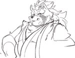 anthro asian_clothing clothing east_asian_clothing hair japanese_clothing kimono long_hair looking_at_viewer male overweight overweight_male ponytail smile solo exe_exem lifewonders tokyo_afterschool_summoners goemon_(tas) canid canine mammal raccoon_dog tanuki sketch