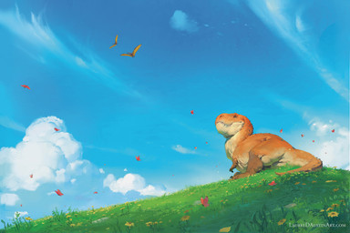 ambiguous_gender cloud dandelion day eyes_closed feral flower grass orange_body outside plant sitting smile tail laurel_austin ambient_arthropod ambient_butterfly ambient_insect ambient_pterosaur dinosaur prehistoric_species reptile saurischian scalie theropod tyrannosaurid tyrannosauroid tyrannosaurus tyrannosaurus_rex book_cover cover hi_res
